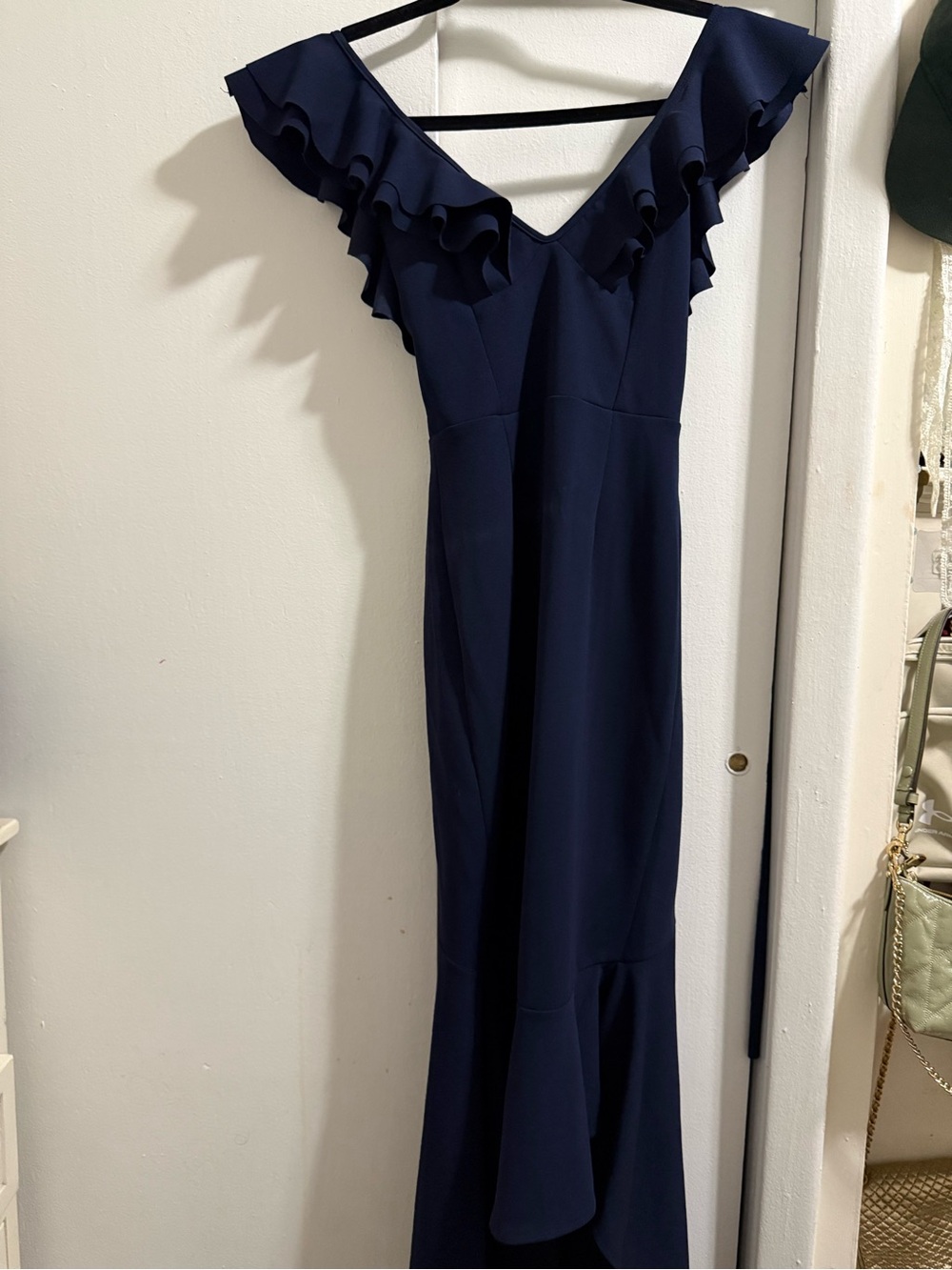 Petal & Pup Navy Ruffle-Shoulder Maxi Dress